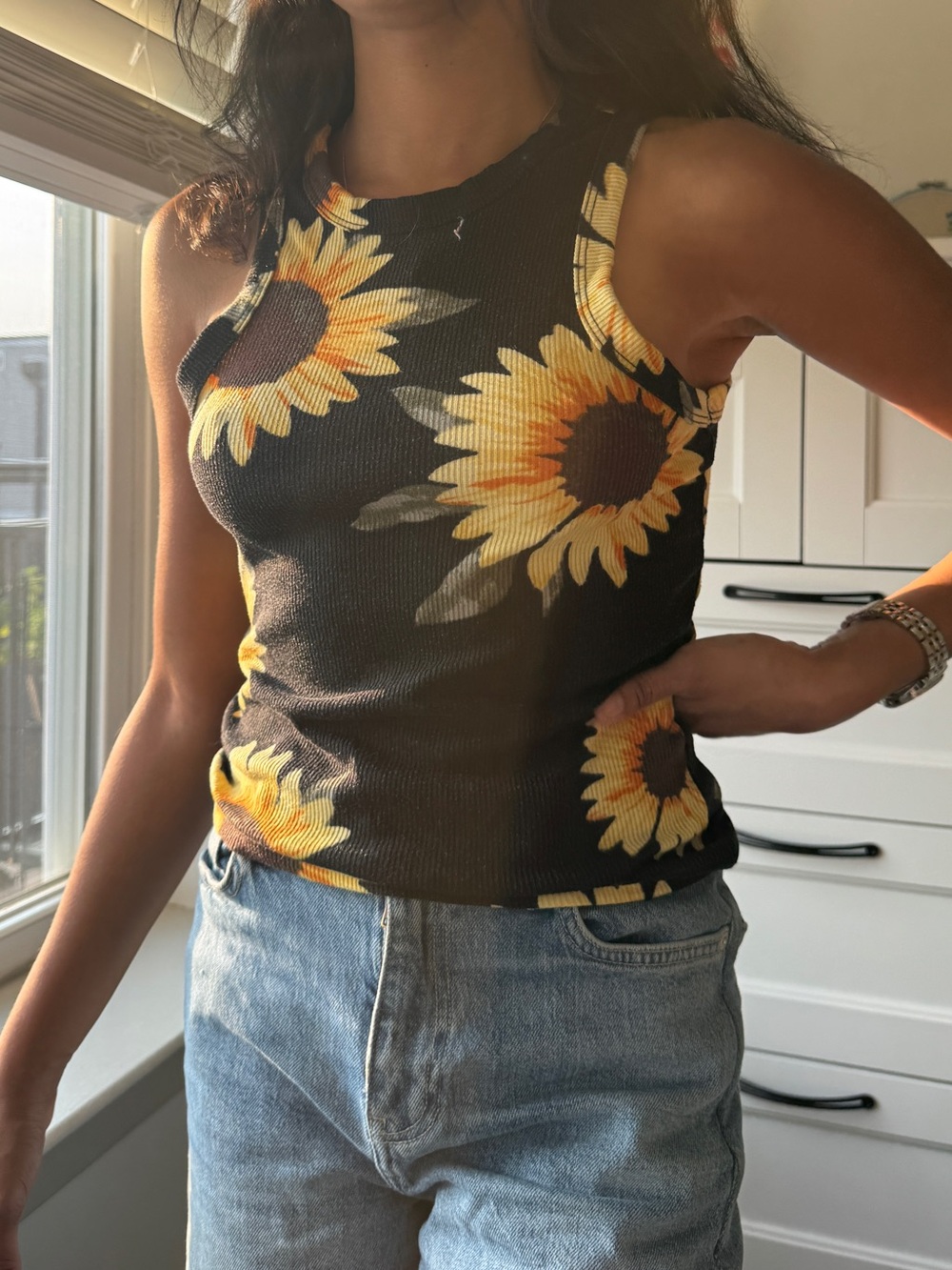 Rue21 Black Sunflower Ribbed Tank Top